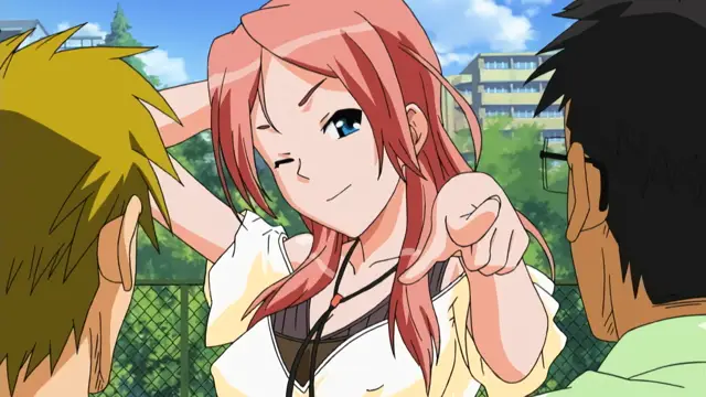 A seductive pink-haired girl winks and points teasingly at a man while a blonde boy looks on, setting a spicy tone for the anime's upcoming explicit scenes involving wet pussies and thick dicks. Screenshot from TSF Monogatari - Episode 1. Screenshot from TSF Monogatari - Episode 1