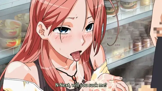 A blushing, sweat-beaded anime girl with pink hair leans toward a man with a hungry expression, her tongue out as she breathlessly asks him to suck her. Screenshot from TSF Monogatari - Episode 1. Screenshot from TSF Monogatari - Episode 1
