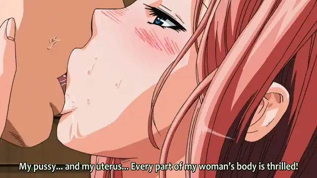 A woman with long red hair is shown in a passionate close-up kiss with a man, her face flushed with heat as she describes how her pussy and uterus are thrilled by his touch. Screenshot from TSF Monogatari - Episode 1. Screenshot from TSF Monogatari - Episode 1
