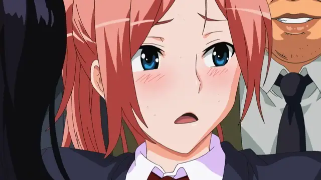 A blushing, wide-eyed girl with pink hair looks shocked and overwhelmed as she is caught in a spicy hentai scene where she is about to be filled with cum. Screenshot from TSF Monogatari - Episode 1. Screenshot from TSF Monogatari - Episode 1