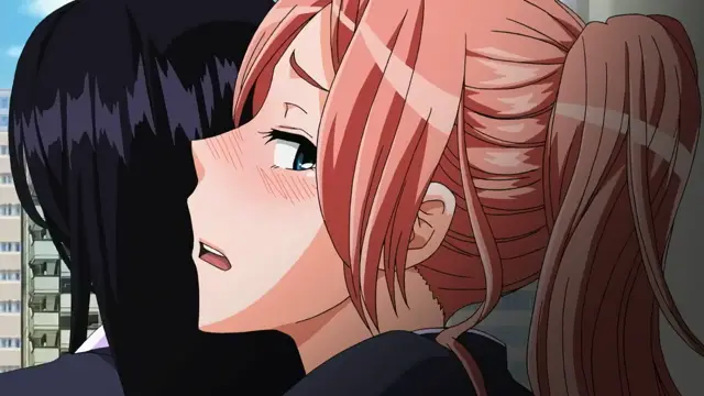 A black-haired girl leans in provocatively close to the face of a blushing, startled orange-haired girl in this spicy and intimate anime scene. Screenshot from TSF Monogatari - Episode 1. Screenshot from TSF Monogatari - Episode 1