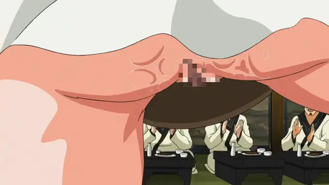 Three shocked men in traditional Japanese attire peer out from between a woman's massive, veined breasts in this sexually charged scene. Screenshot from TSF Monogatari - Episode 2. Screenshot from TSF Monogatari - Episode 2