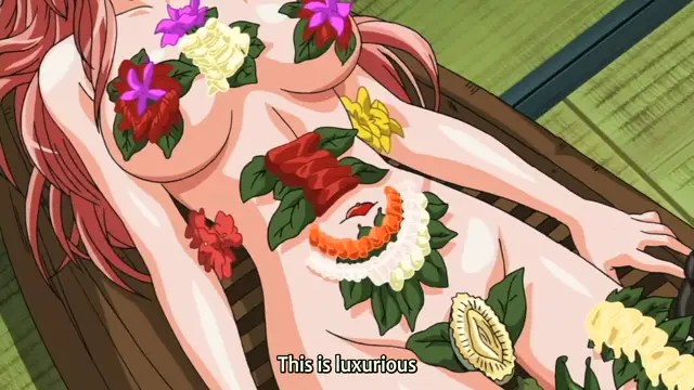 A pink-haired anime woman lies completely nude on a wooden platform, her bare breasts and pussy decorated with tropical flowers and a lei as she basks in a luxurious, sensual atmosphere. Screenshot from TSF Monogatari - Episode 2. Screenshot from TSF Monogatari - Episode 2
