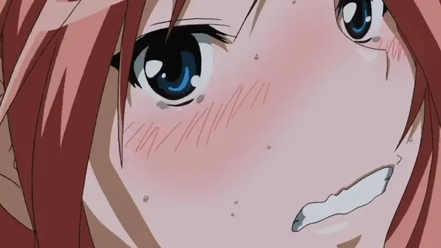 A dazed anime girl with blushing cheeks and long red hair gazes forward, her lower lip smeared with a dollop of cum. Screenshot from TSF Monogatari - Episode 2. Screenshot from TSF Monogatari - Episode 2