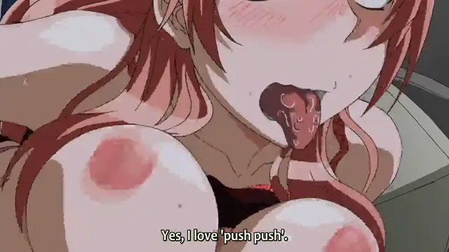 A blushing anime girl with red hair looks on with pleasure as a dick dripping with cum is pressed between her large breasts while she smiles and says, "Yes, I love 'push push'." Screenshot from TSF Monogatari - Episode 2. Screenshot from TSF Monogatari - Episode 2