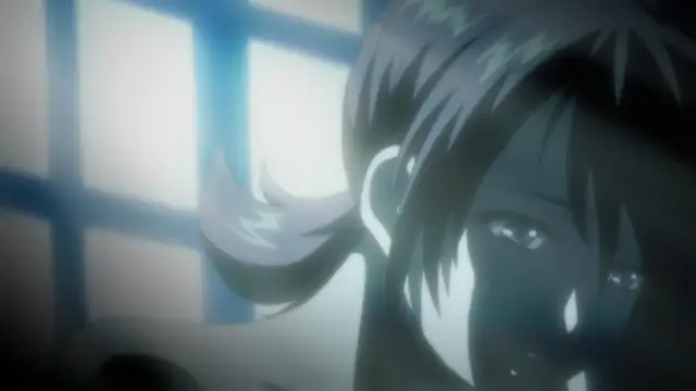 A close-up of an anime girl with a blushing face and heavy breathing, looking down with a lustful expression in a dimly lit room. Screenshot from Kara no Shoujo - Episode 1