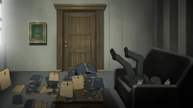 A woman in a school uniform is lying on her back on a large black armchair with her legs kicked up in the air amidst a room filled with scattered books and papers. Screenshot from Kara no Shoujo - Episode 1