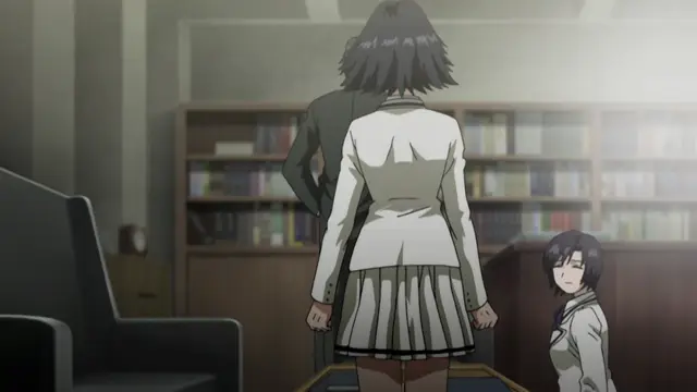 A schoolgirl in a white blazer and plaid skirt stands in a library facing a man, while another girl sits on a desk nearby with her eyes closed and a blushing expression. Screenshot from Kara no Shoujo - Episode 1