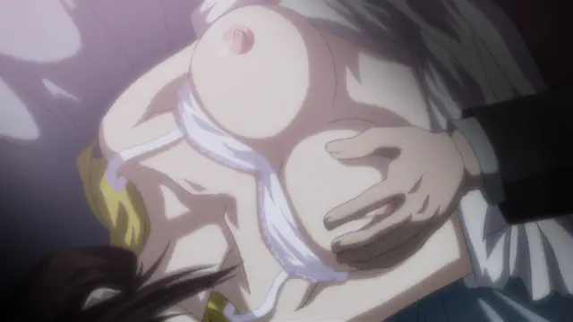 A close-up shot shows a woman lying on her back with her breasts exposed and a hand pressing against her stomach, while another person's head is visible at the bottom of the frame. Screenshot from Kara no Shoujo - Episode 1