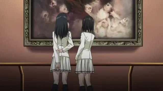 Two girls in school uniforms stand with their backs to the viewer, looking at a large painting of distorted faces in a gallery. Screenshot from Kara no Shoujo - Episode 1