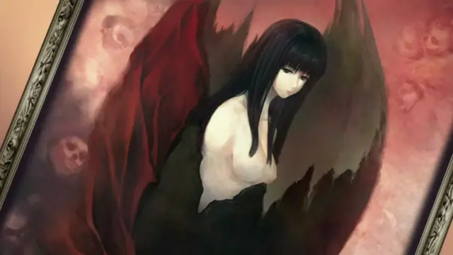 A pale-skinned anime girl with long black hair and a mournful expression is depicted in a painting, shown topless with her breasts exposed while draped in a flowing red and black cloak. Screenshot from Kara no Shoujo - Episode 2