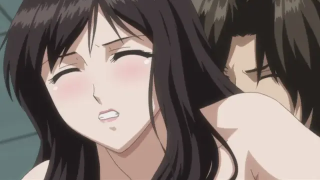 A close-up of a blushing anime woman with long dark hair and closed eyes reacting to a man behind her. Screenshot from Kara no Shoujo - Episode 2