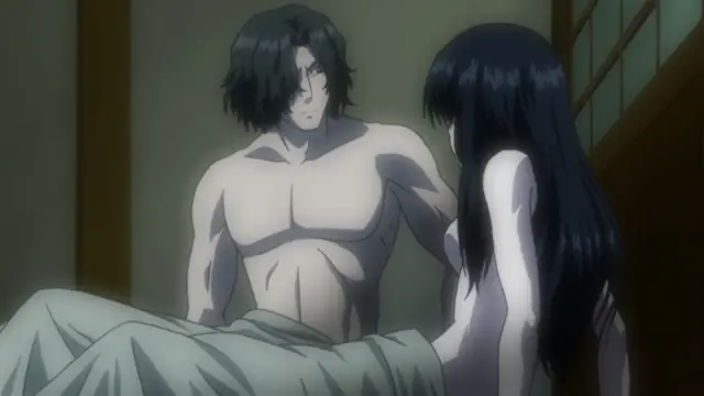 A muscular shirtless man with messy black hair stands over a long-haired woman who is lying down, partially covered by a light-colored cloth. Screenshot from Kara no Shoujo - Episode 2