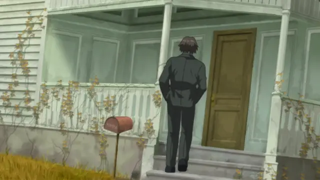 A man in a dark suit stands on the porch of a weathered house with a "Pepper" mailbox in the foreground, looking toward the closed door. Screenshot from Kara no Shoujo - Episode 2