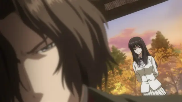 A woman in a school uniform stands outside in a park during sunset while a man with dark hair watches her through a window in the foreground. Screenshot from Kara no Shoujo - Episode 2