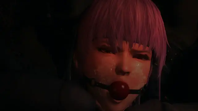 A close-up shot shows a pink-haired anime girl with a blank expression and blushing cheeks, wearing a black choker with a large red ball gag in her mouth. Screenshot from Kunoichi 3: Dark Butterfly