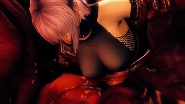 A pink-haired anime woman in a black fishnet outfit is bent over a red surface, facing forward with her buttocks exposed. Screenshot from Kunoichi 3: Dark Butterfly