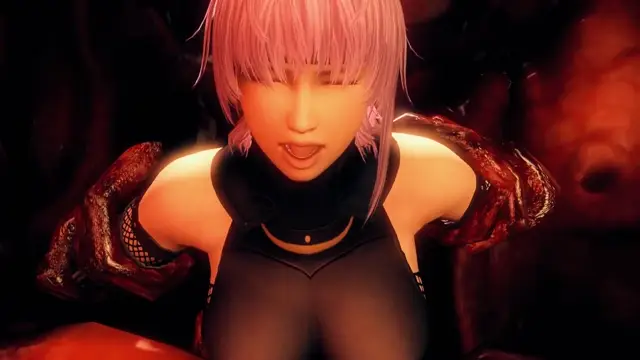 A pink-haired anime woman with a hungry expression wearing a black bodysuit and brown metallic gauntlets looks forward as she is being penetrated from behind by a large, dark figure in a cave-like setting. Screenshot from Kunoichi 3: Dark Butterfly