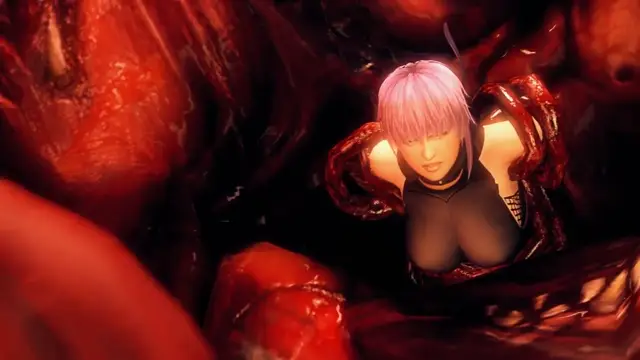 A pink-haired girl with large breasts and a distressed expression is shown trapped inside a fleshy, organ-like biological mass, with some of her skin appearing to be pulled or stretched by the surrounding structure. Screenshot from Kunoichi 3: Dark Butterfly