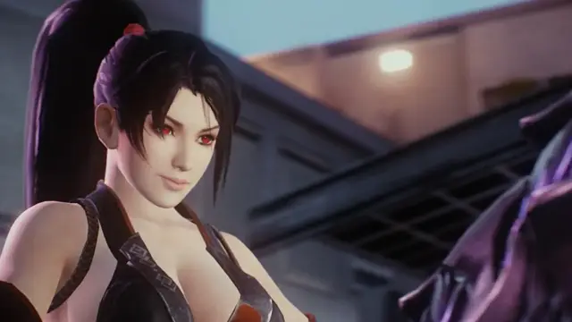 A 3D-animated girl with long black hair and red eyes, wearing a black and gold bikini-style outfit, smirks at another character off-screen in an urban outdoor setting at night. Screenshot from Kunoichi 3: Dark Butterfly