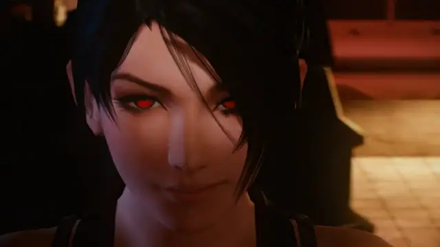 A close-up of a girl with dark hair and red eyes looking at the camera with a slight smile. Screenshot from Kunoichi 3: Dark Butterfly
