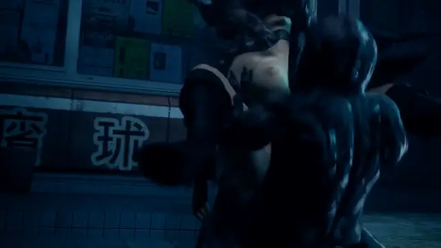 A girl is being held up and raped by a man in a dark alleyway. Screenshot from Kunoichi 3: Dark Butterfly