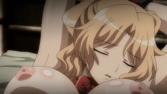 A blonde anime girl with her eyes closed lies on her back with her breasts exposed and a red collar around her neck. Screenshot from Yabai! Fukushuu Yami Site - Episode 2