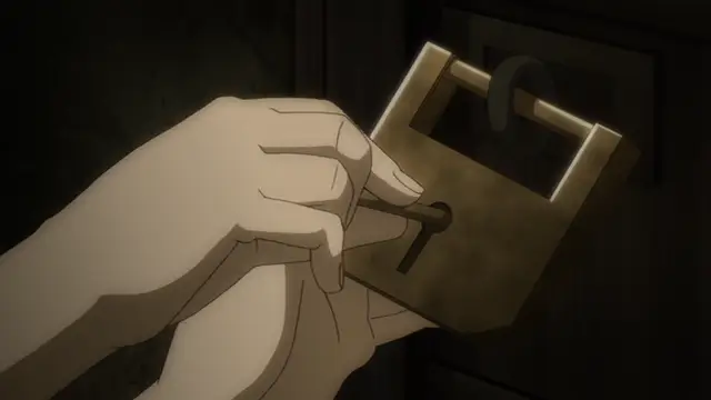 A hand holding a large, ornate golden key prepares to unlock a heavy wooden door. Screenshot from Yabai! Fukushuu Yami Site - Episode 1