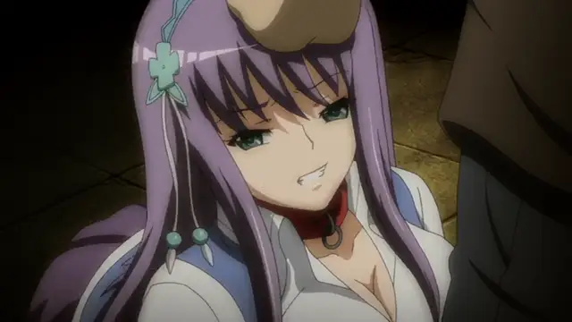 An anime girl with purple hair and a choker looks up with a seductive, smiling expression while standing next to a man in a dark cloak. Screenshot from Yabai! Fukushuu Yami Site - Episode 1