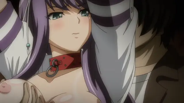 An anime girl with purple hair and a red choker around her neck stands next to a man in a suit while her breasts are visible. Screenshot from Yabai! Fukushuu Yami Site - Episode 1