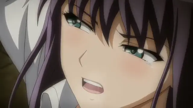 A close-up shot shows a purple-haired anime girl with a blushing face and teary eyes looking sideways with a dazed expression. Screenshot from Yabai! Fukushuu Yami Site - Episode 1