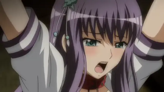 An anime girl with long purple hair and green eyes has her arms raised and an expression of intense pleasure on her face while wearing a white kimono and a red choker. Screenshot from Yabai! Fukushuu Yami Site - Episode 1