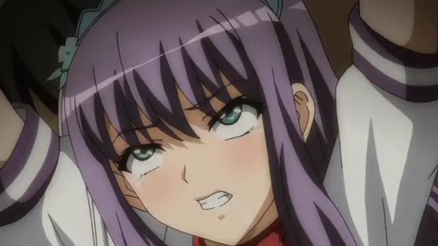 A tearful anime girl with purple hair and a frustrated expression looks upward while being held from behind in a white and purple outfit. Screenshot from Yabai! Fukushuu Yami Site - Episode 1