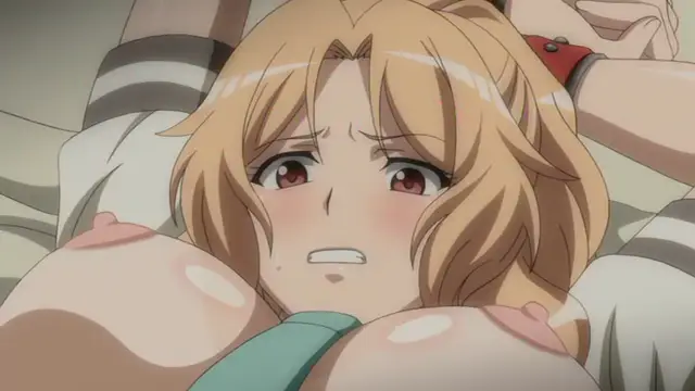 A blushing anime girl with blonde hair and large breasts looks distressed as she is being held down by multiple people while lying on a surface. Screenshot from Yabai! Fukushuu Yami Site - Episode 1