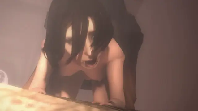 A close-up shot shows a woman with long black hair leaning over a table with an open-mouthed expression while wearing a black dress. Screenshot from Bioshag Trinity: Portal Pooch