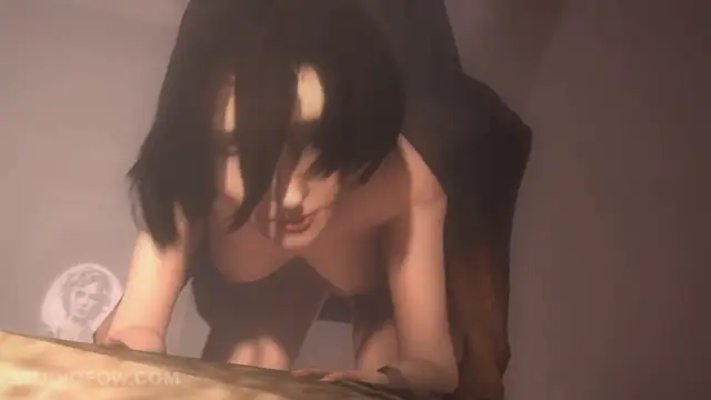 A young woman with short black hair and a frustrated expression leans forward over a table in a dimly lit room, her breasts exposed as she is positioned behind a large male figure. Screenshot from Bioshag Trinity: Portal Pooch