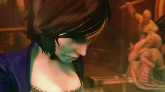 A close-up shot of a brown-haired anime girl with a sad expression in the foreground, while a man stands over a woman in the background and holds a sword over her head. Screenshot from Bioshag: Trinity