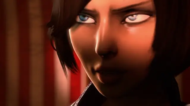 A close-up shot features an anime girl with short dark hair and blue eyes looking side-ways with a serious expression against a red curtain background. Screenshot from Bioshag: Trinity