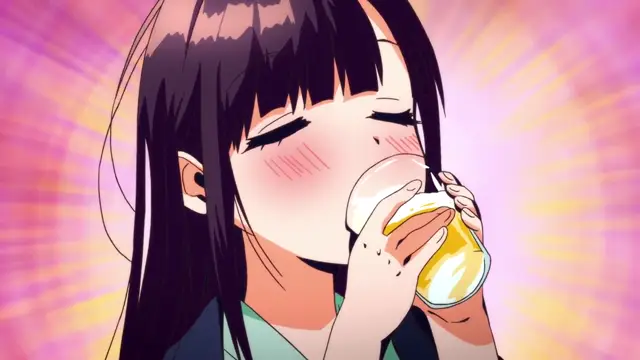 A blushing anime girl with long black hair drinks from a glass of beer against a pink and yellow sunburst background. Screenshot from Girl's Rush - Episode 2