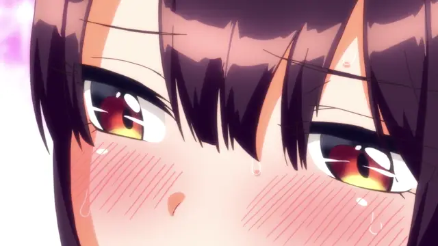 A close-up shot of a blushing anime girl with long dark hair and red eyes looking forward with an aroused expression. Screenshot from Girl's Rush - Episode 2