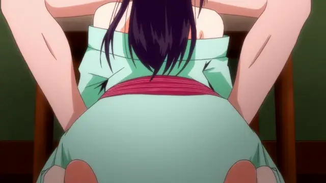 A girl with long dark hair wearing a light green kimono with a red obi is bent over a table with her arms raised, facing away from the camera. Screenshot from Girl's Rush - Episode 2