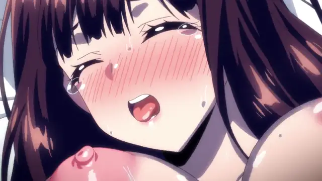 A close-up of an anime girl with long dark hair and a blushing face, her eyes closed and mouth open with tears streaming down her face, while her large breasts are visible and wet. Screenshot from Girl's Rush - Episode 2