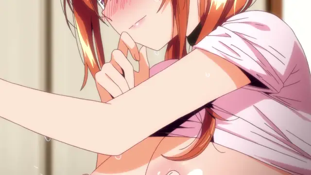 A blushing anime girl with long orange hair and a pink shirt looks down while biting her finger and sweating as her shirt is pulled up to reveal her breasts. Screenshot from Girl's Rush - Episode 1