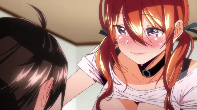 A blushing anime girl with long red hair and a choker leans in close to a boy with dark hair, her chest pressed against him as she looks at him with an aroused expression. Screenshot from Girl's Rush - Episode 1