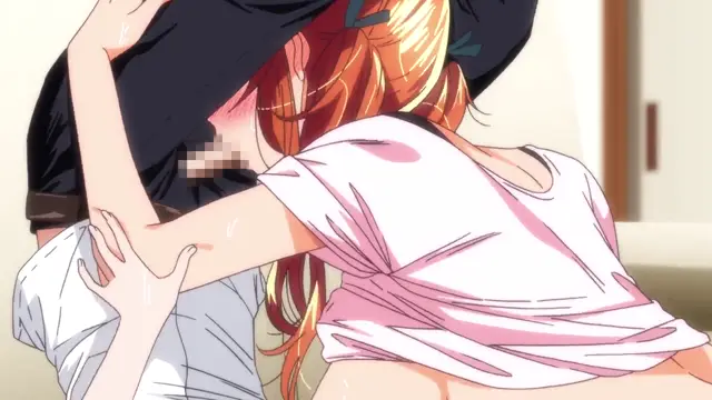 A woman with orange hair in a white shirt is being fucked from behind by a man in a black shirt while she holds onto him. Screenshot from Girl's Rush - Episode 1