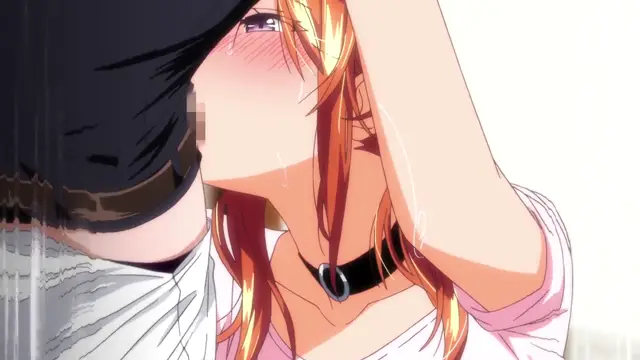 A blushing anime girl with long orange hair and a black choker is being kissed by a man on the lips while she has her eyes closed. Screenshot from Girl's Rush - Episode 1