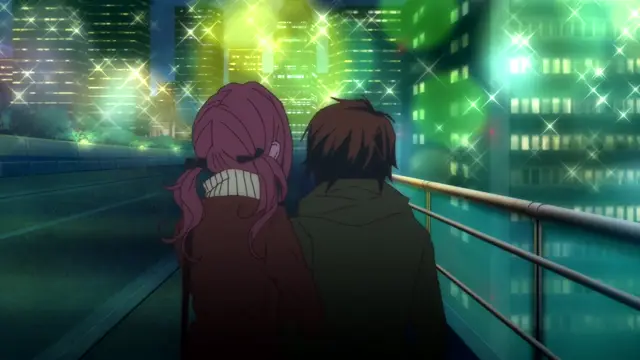A pink-haired girl with a frustrated expression and a male character sit side-by-side on a bench, looking out at a sparkling city skyline at night. Screenshot from Girl's Rush - Episode 1