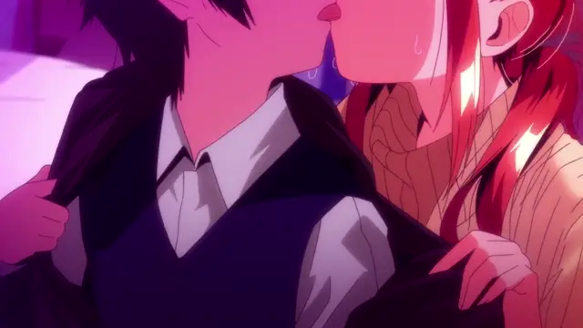 A male anime character with black hair and a female anime character with long red hair are shown in a close-up shot, sharing a deep kiss with the girl's hand gripping the boy's jacket. Screenshot from Girl's Rush - Episode 1
