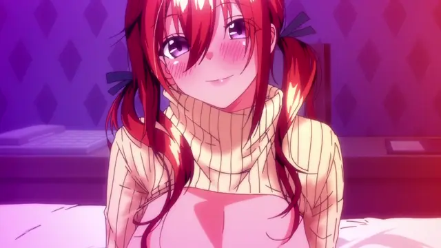A blushing anime girl with red pigtails and a high-neck sweater smiles while lounging on a bed in a bedroom. Screenshot from Girl's Rush - Episode 1