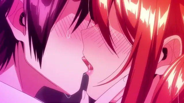 A blushing anime girl with long red hair and a boy with black hair are shown in a close-up, intimate shot as they share a passionate kiss. Screenshot from Girl's Rush - Episode 1